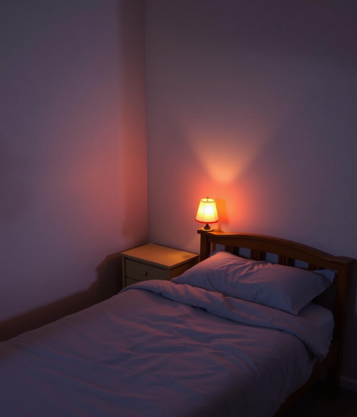 A child's bedroom at bedtime with a soft lamp on