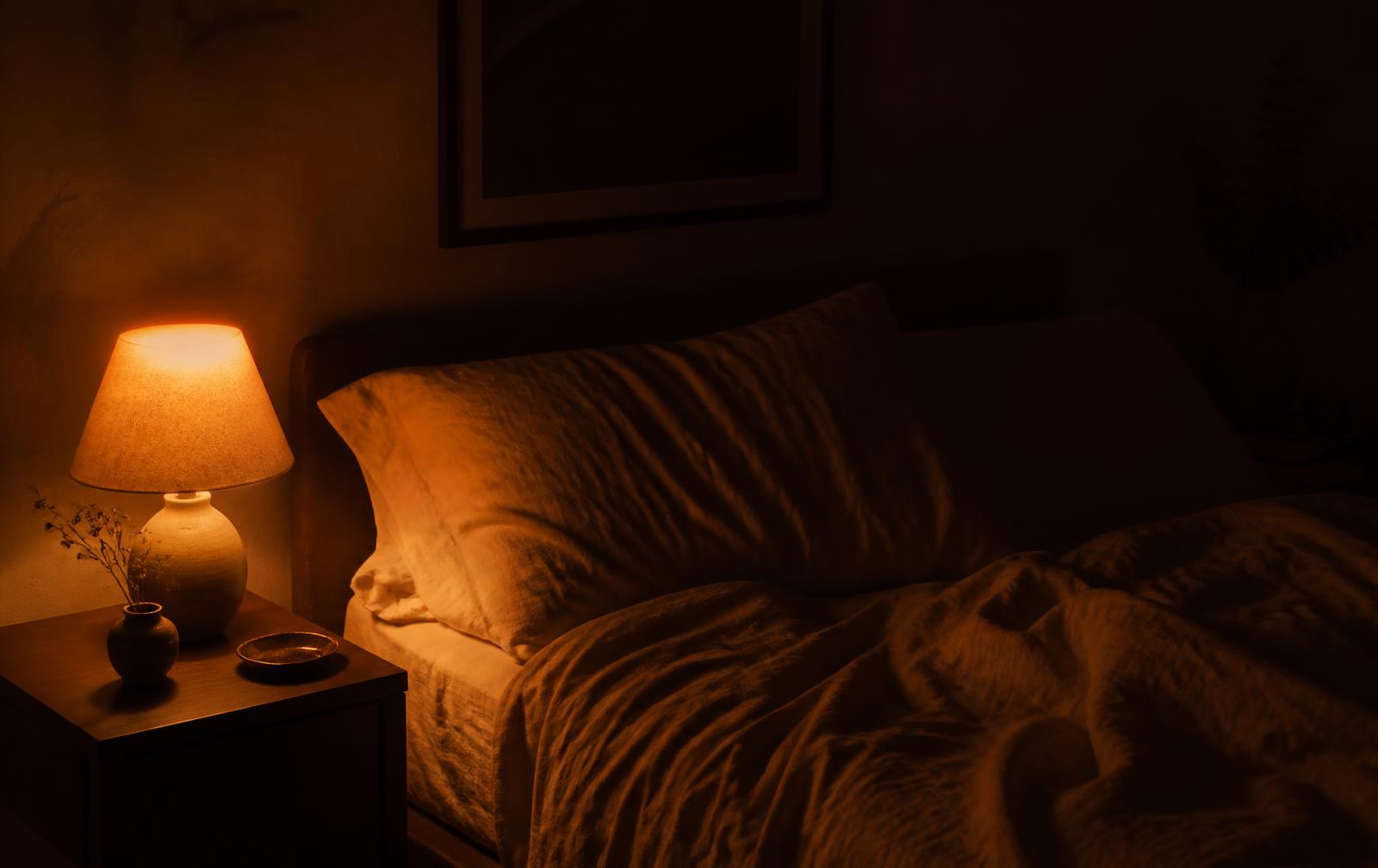 A dark bedroom lit by a warm amber bedside lamp, the bed turned down and unslept in