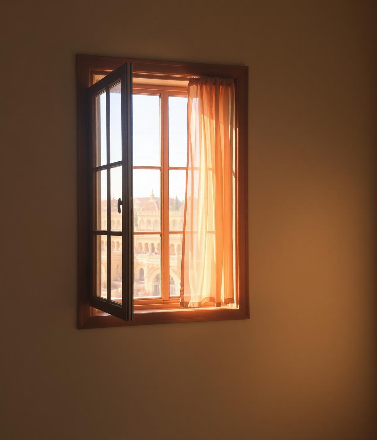 Morning light through an open window in a quiet room