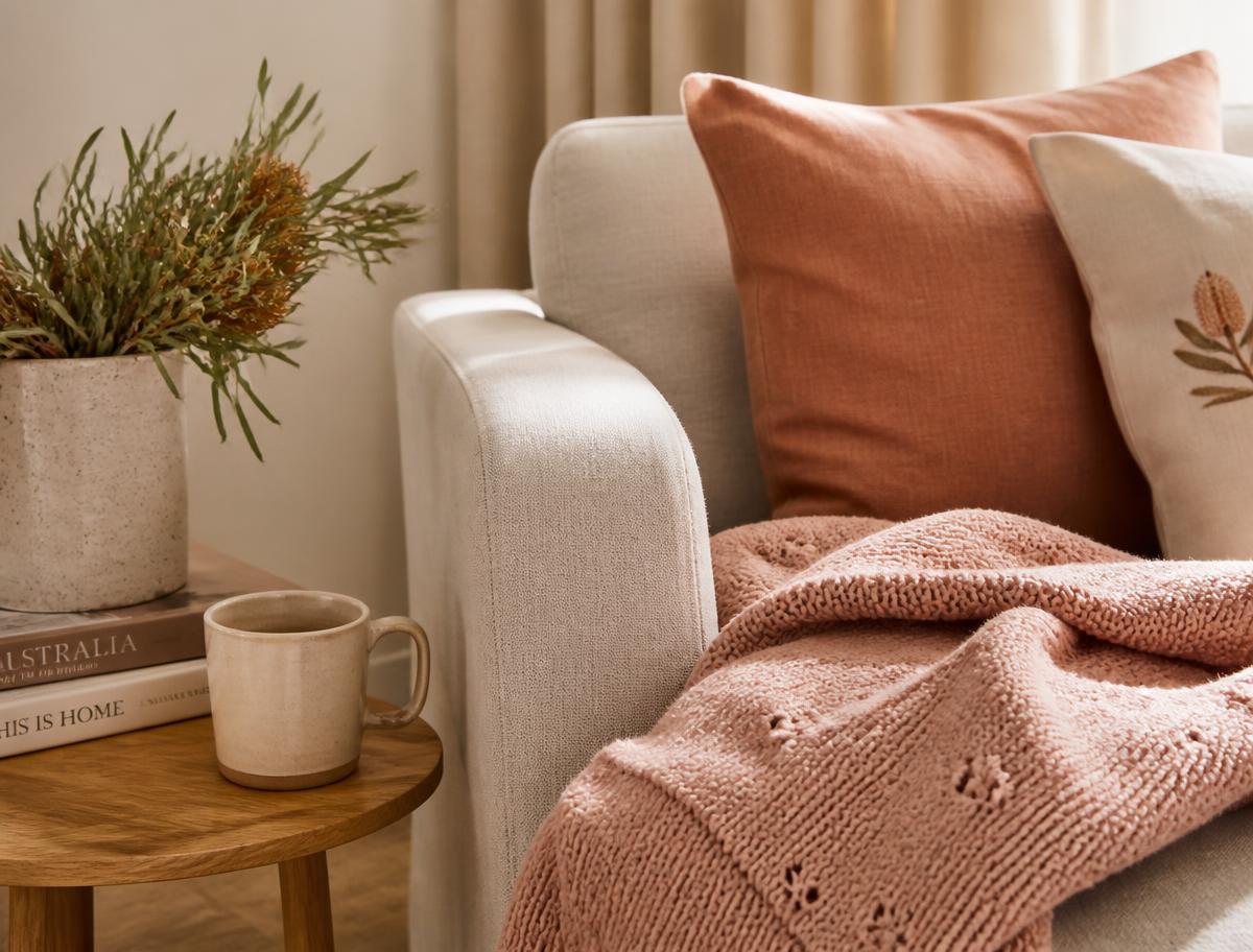 A linen armchair corner with a knitted throw and a mug of tea