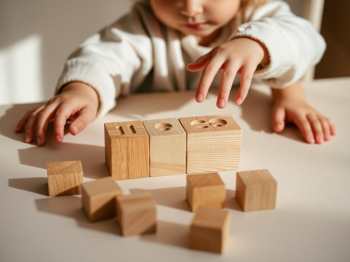 A child playing with wooden blocks at a table